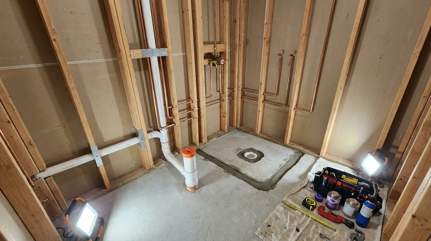 Bathroom rough-in plumbing during remodel by Johns Plumbing LLC in Cortland