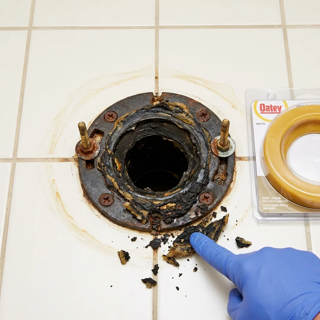 Failed wax ring showing water seepage at the base of a toilet in a Cortland, IL home