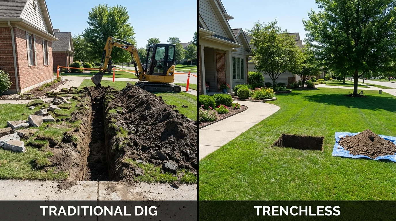 Trenchless sewer repair with minimal yard damage versus traditional excavation in Cortland, IL