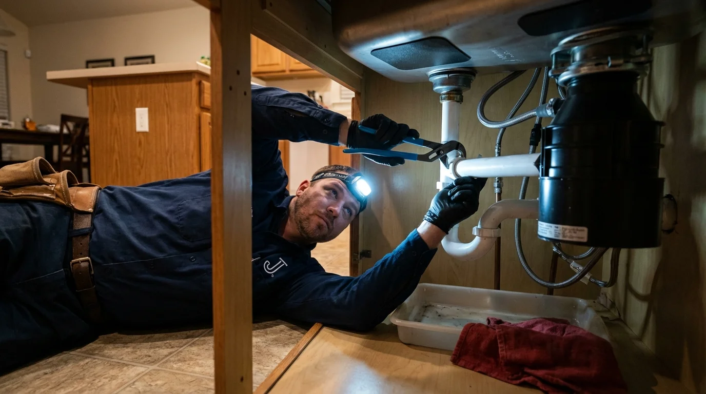 P-trap and supply line connections under a kitchen sink showing a common leak point in Cortland, IL